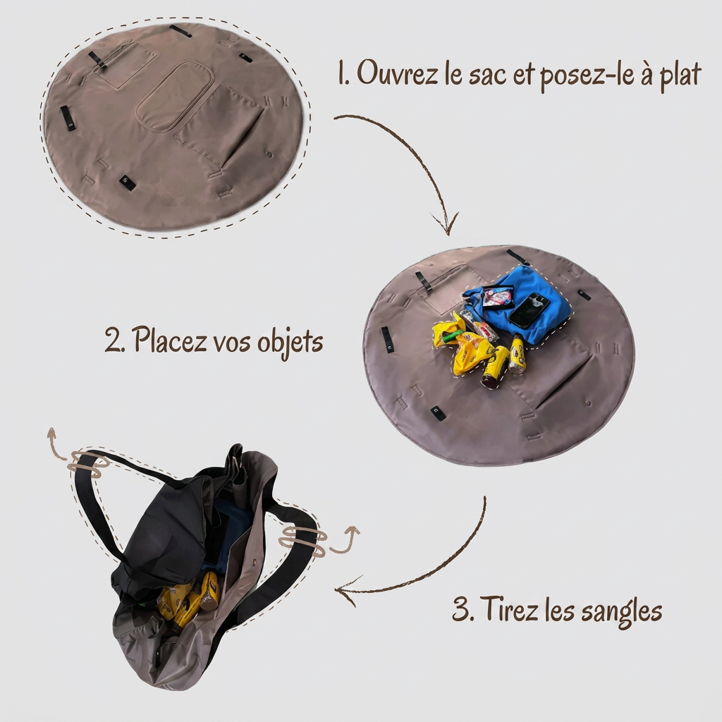 Schéma en 3 étapes : sac à plat, objets placés au centre, sangles tirées